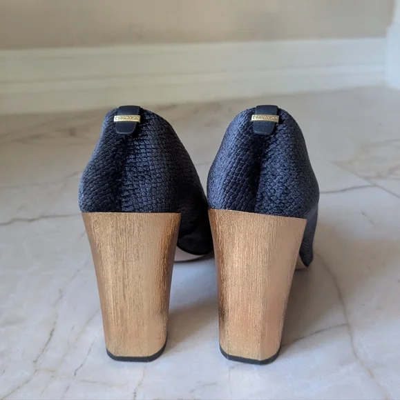 Calvin Klein | High Heel Shoes Womens Navy Velvet Gold Block Heel Pumps Neema - Picture 6 of 7